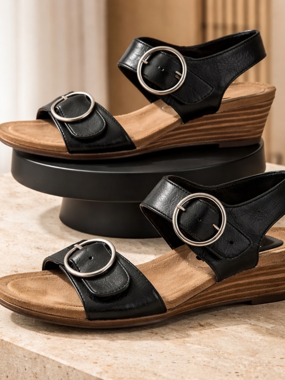 Women's Black Wedge Sandals with Silver Buckle